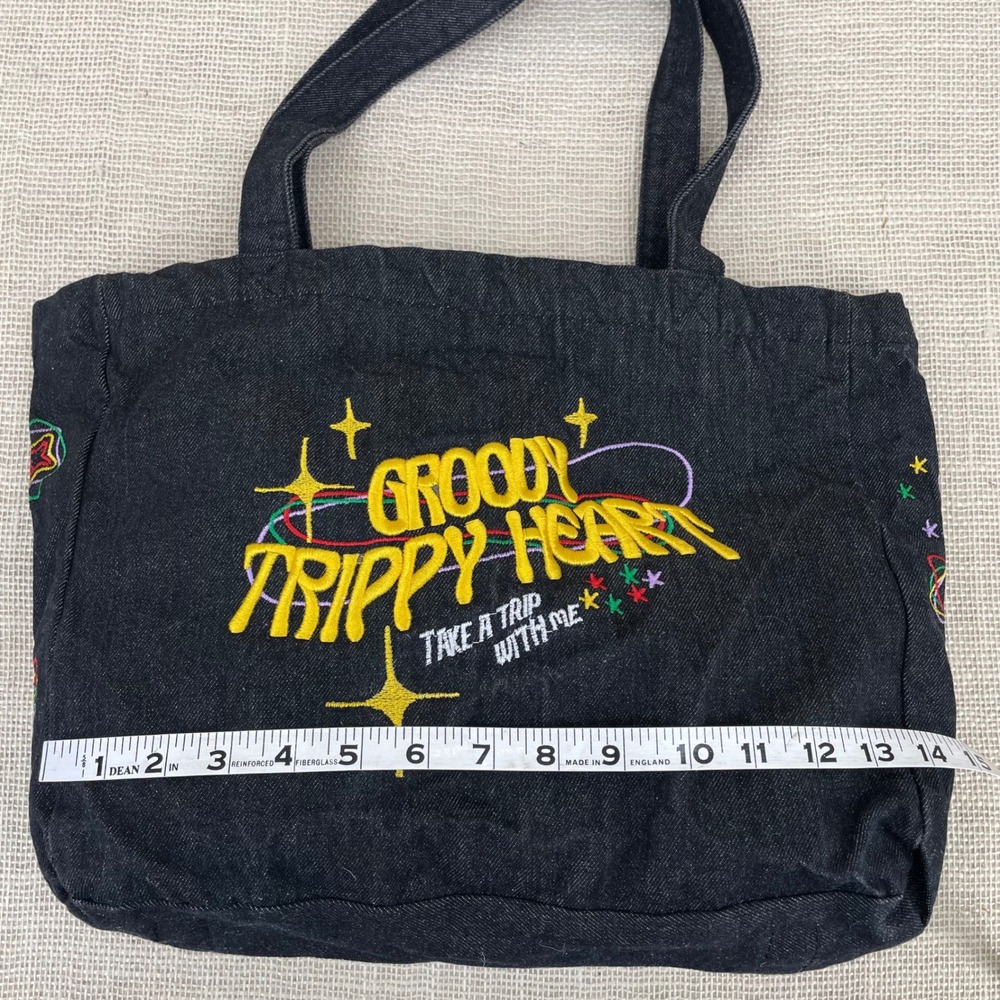 Groovy Trippy Heart Black Denim Embroidered‎ Tote Bag Take A Trip With Me Retro - Picture 8 of 10